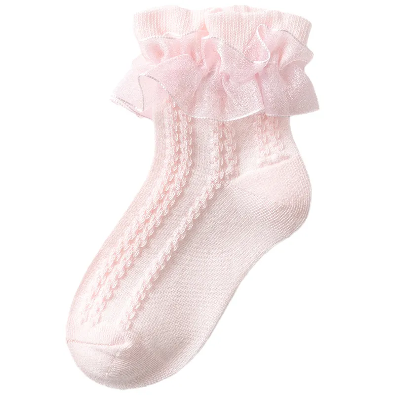 蹣跚學步的女孩甜美蕾絲棉質及膝公主襪，帶花卉邊緣 粉色 big image 1