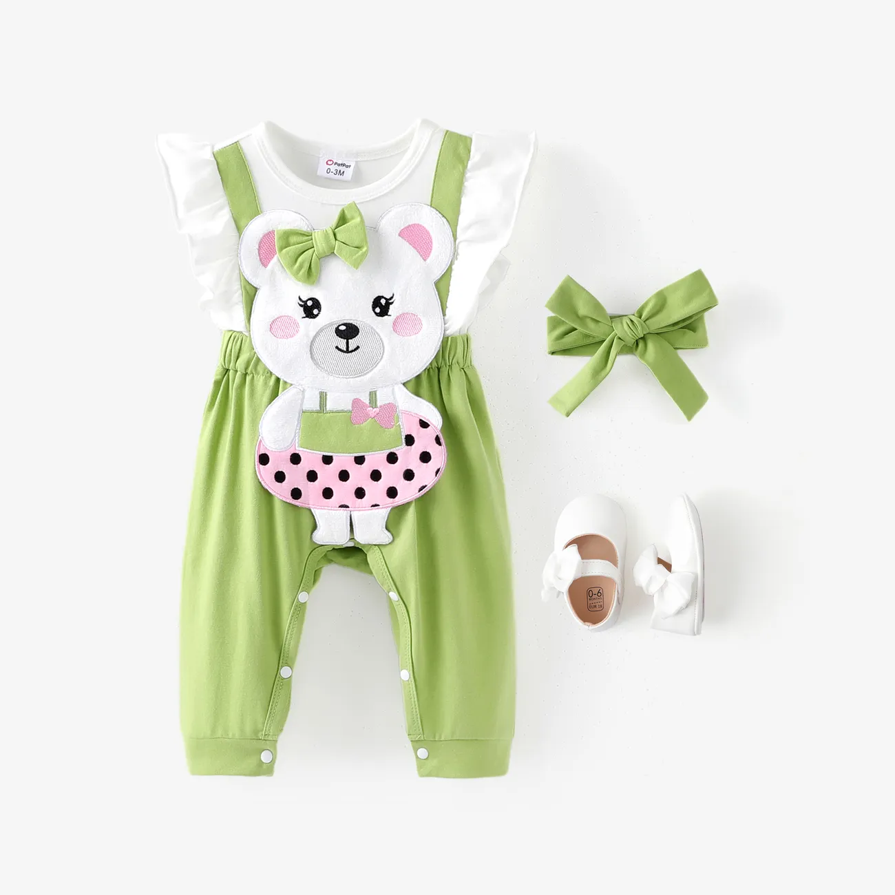 Baby Girl 2pcs 3D bear embroidery Jumpsuit and Headband Set Aqua big image 1