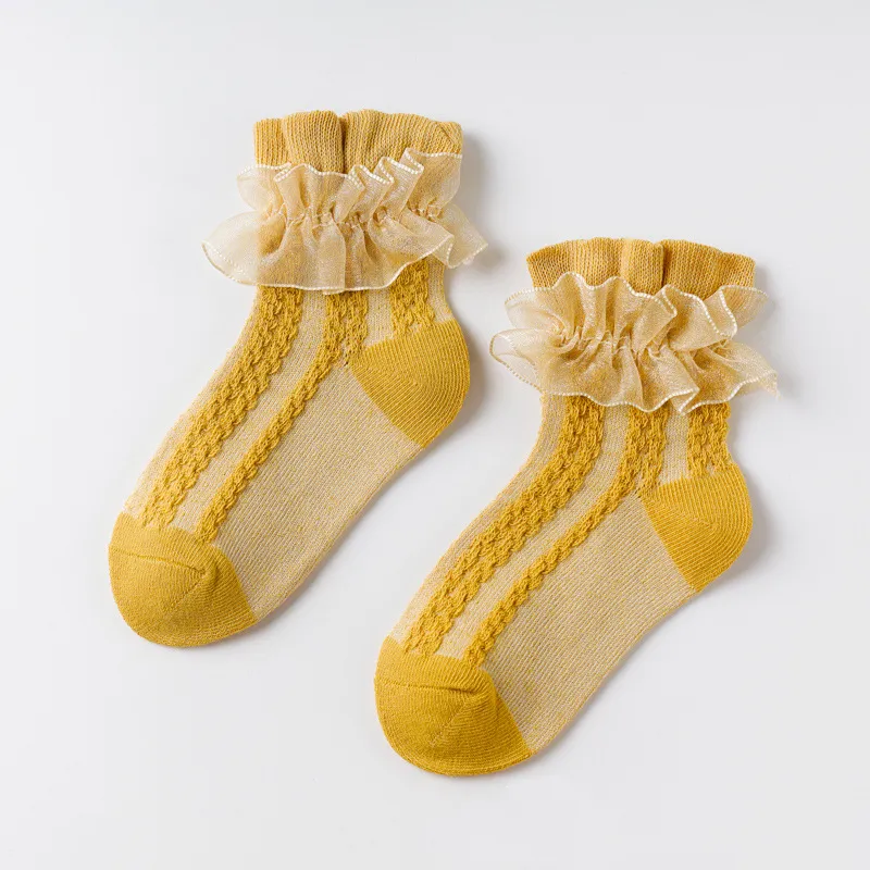Niños pequeños / niños Niña Calcetines de princesa de algodón de encaje dulce hasta la rodilla con borde floral Amarillo big image 1