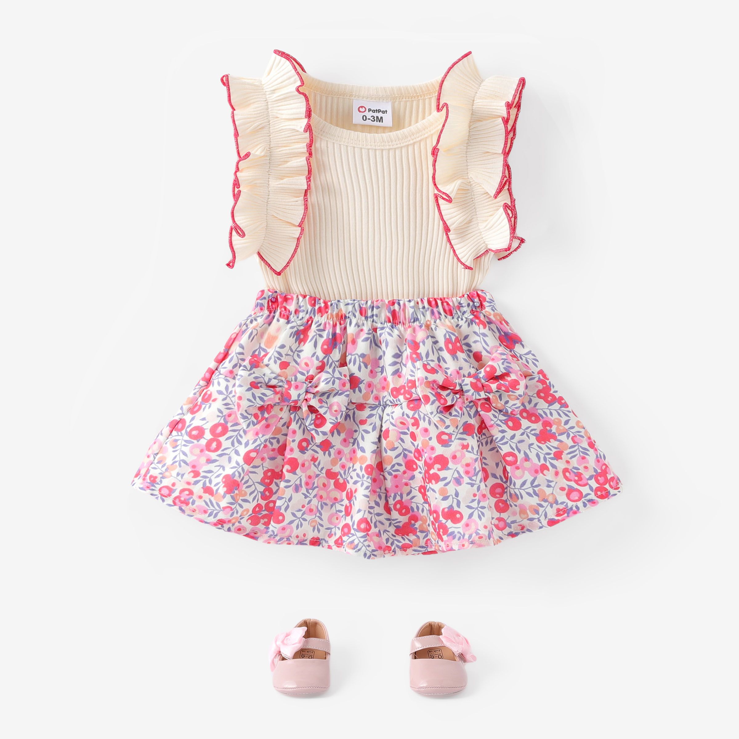 Baby Girl 2pcs Ruffled Romper And Floral Print Skirt Set/ Bow Decor Shoes