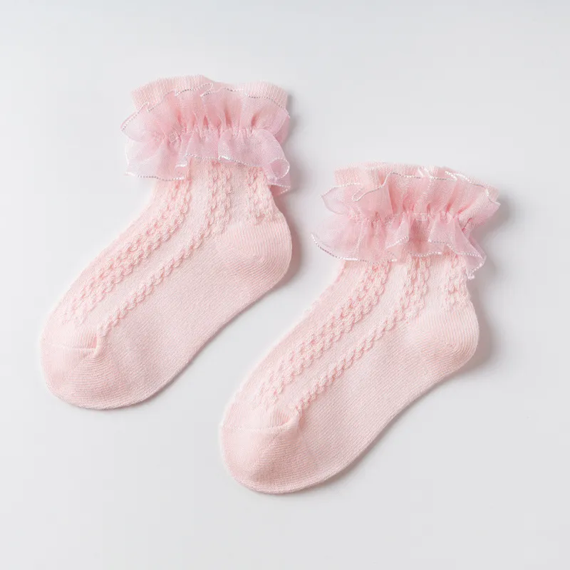 Toddler/kids Girl Sweet Lace Cotton Knee-high Princess Socks with Floral Edge Pink big image 1