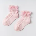 蹣跚學步的女孩甜美蕾絲棉質及膝公主襪，帶花卉邊緣 粉色