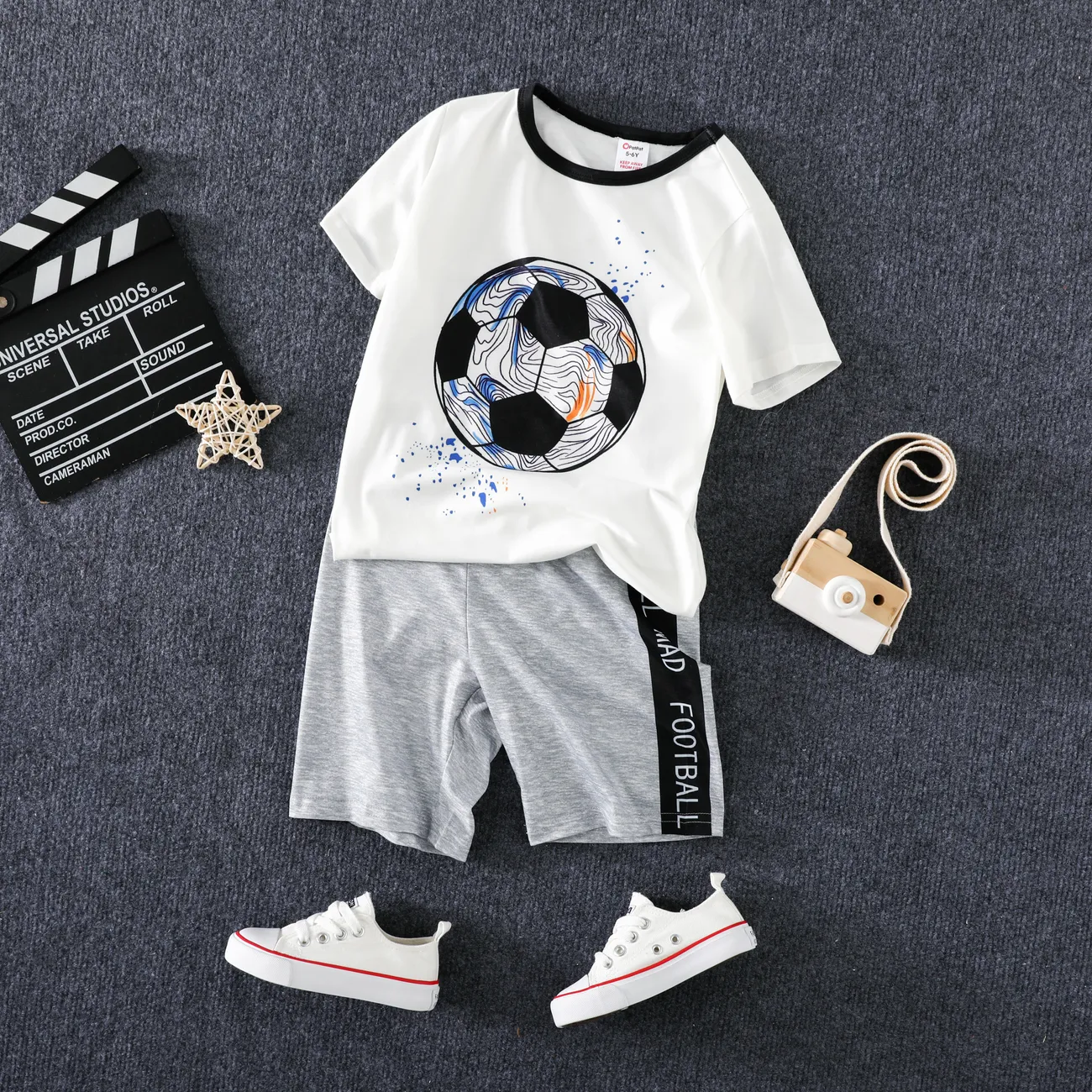 2pcs Kid's  Boys Ball Element Casual Design Flame Retardant Printed Home Clothes Top and Shorts Set  White big image 1