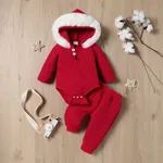 2pcs Baby Boy/Girl White Imitation Knitting Textured Spliced Faux Fur Hooded Long-sleeve Romper and Pants Set Red