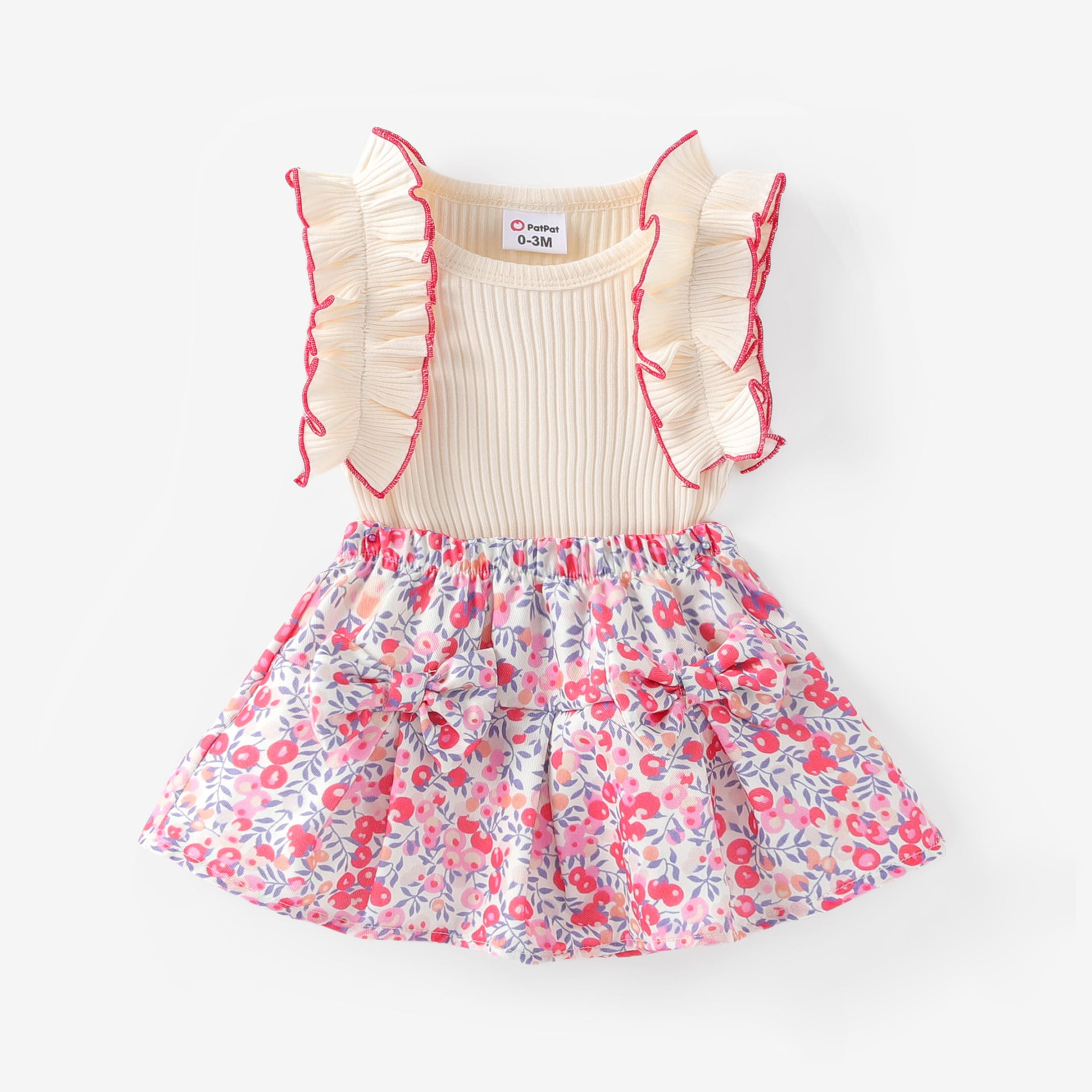 Baby Girl 2pcs Ruffled Romper And Floral Print Skirt Set/ Bow Decor Shoes