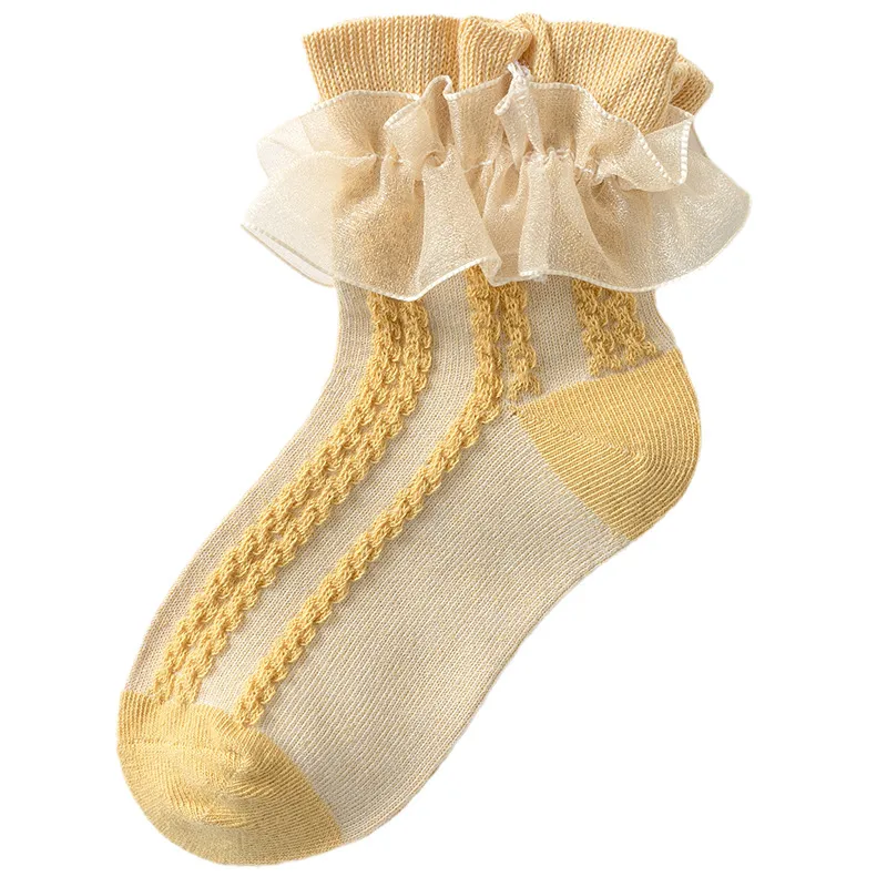 Kleinkind-/Kindermädchen Sweet Lace Cotton Kniehohe Prinzessinnensocken mit floralem Rand gelb big image 1