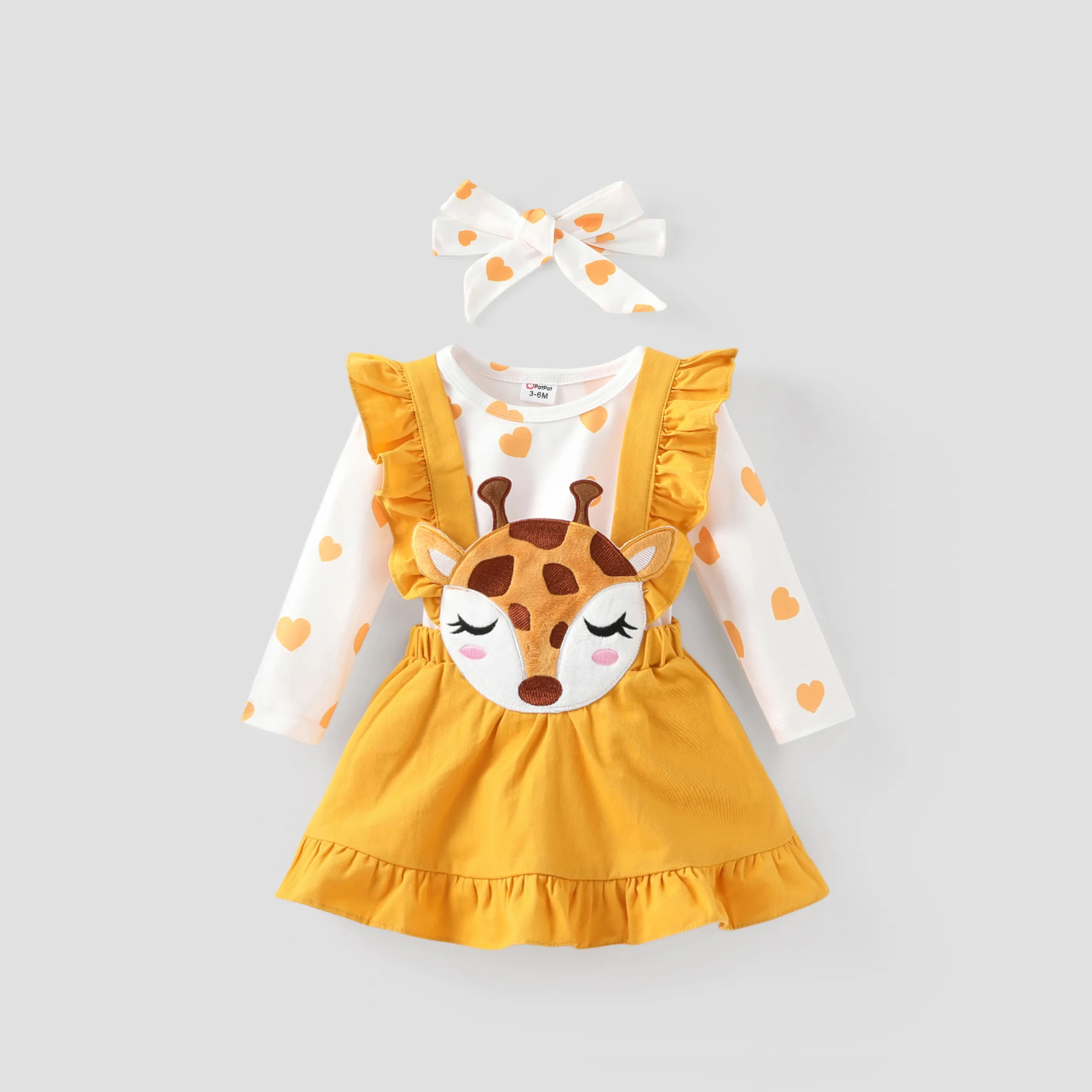 Baby Girl 3pcs Heart-shaped Print Tee And 3D Deer Embroidery Overalls Dress And Headband Set/ Prewalker Shoes
