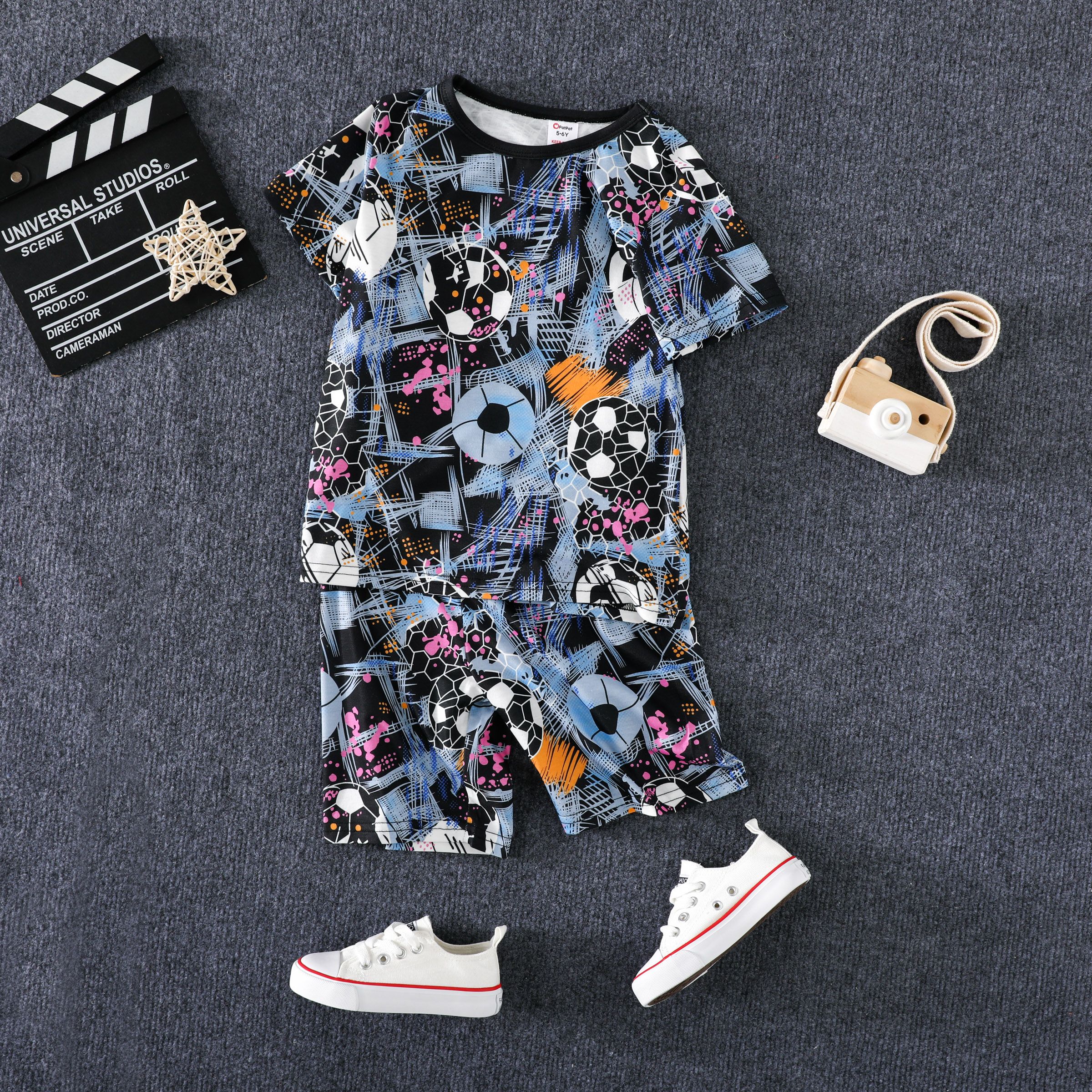 2pcs Kid's  Boys Ball Element Casual Design Flame Retardant Printed Home Clothes Top and Shorts Set