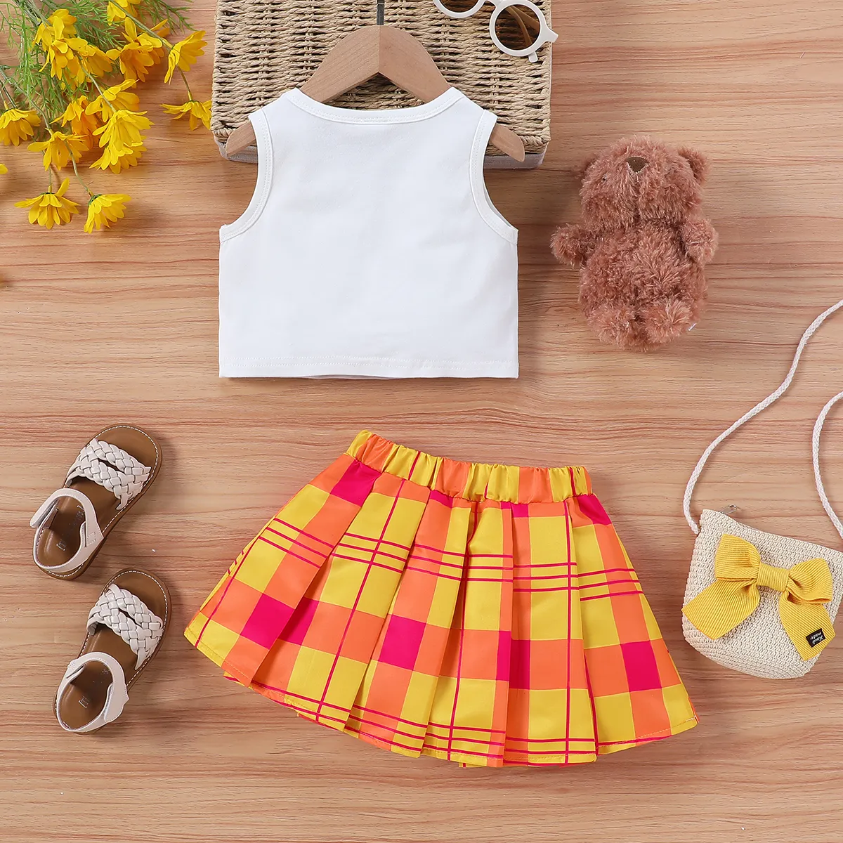  2pcs Toddler Girl Sweet Grid/Houndstooth Button Top and Dress Set  Orange big image 1