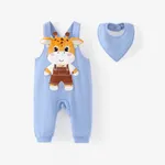 Baby Boy/Girl 2pcs Giraffe Embroidery Jumpsuit and Bib Set Blue