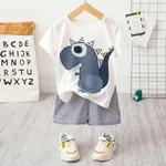 2pcs Baby Boy Cartoon Dinosaur Print Short-sleeve T-shirt and Pinstriped Shorts Set White