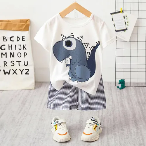 2pcs Baby Boy Cartoon Dinosaur Print Short-sleeve T-shirt and Pinstriped Shorts Set