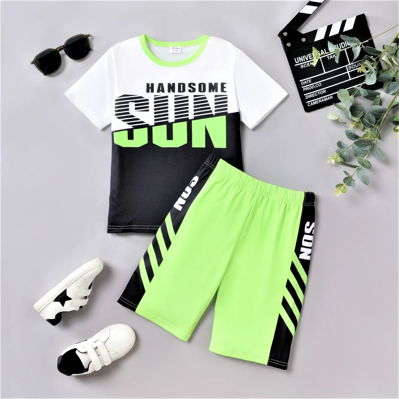 2pcs Kid Boys Colorful Letter Theme Fabric Stitching Top and Pants Set  Color block big image 1