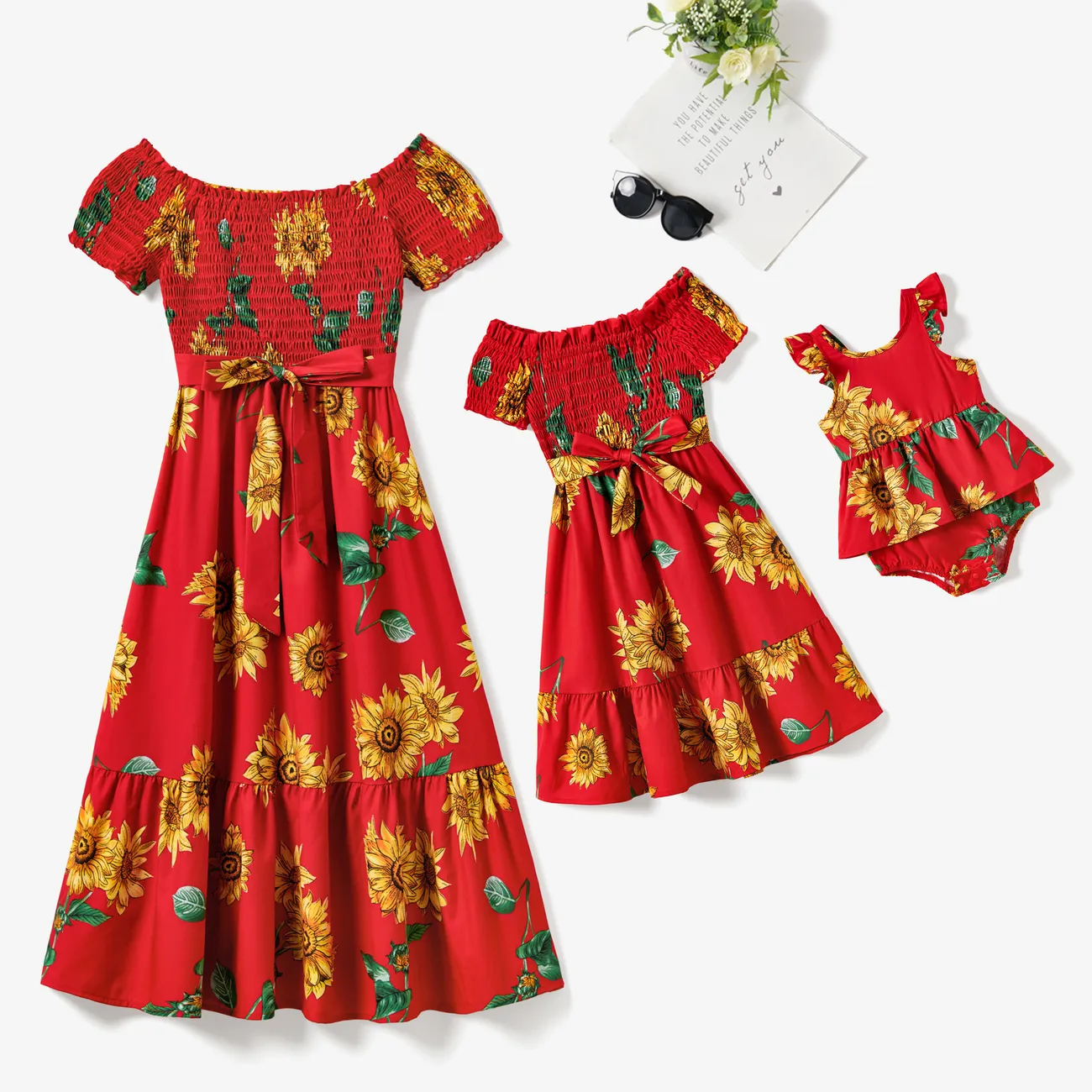 Mommy and Me Sunflower Pattern Shirred Ruffle Hem A-Line Dress Red big image 1