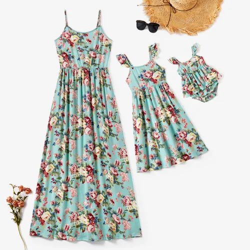Mommy and Me Floral Elastic Waist Strap Maxi Dress with Pockets