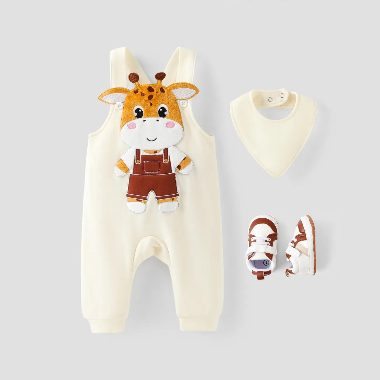 Baby Boy/Girl 2pcs Giraffe Embroidery Jumpsuit and Bib Set LightApricot big image 1