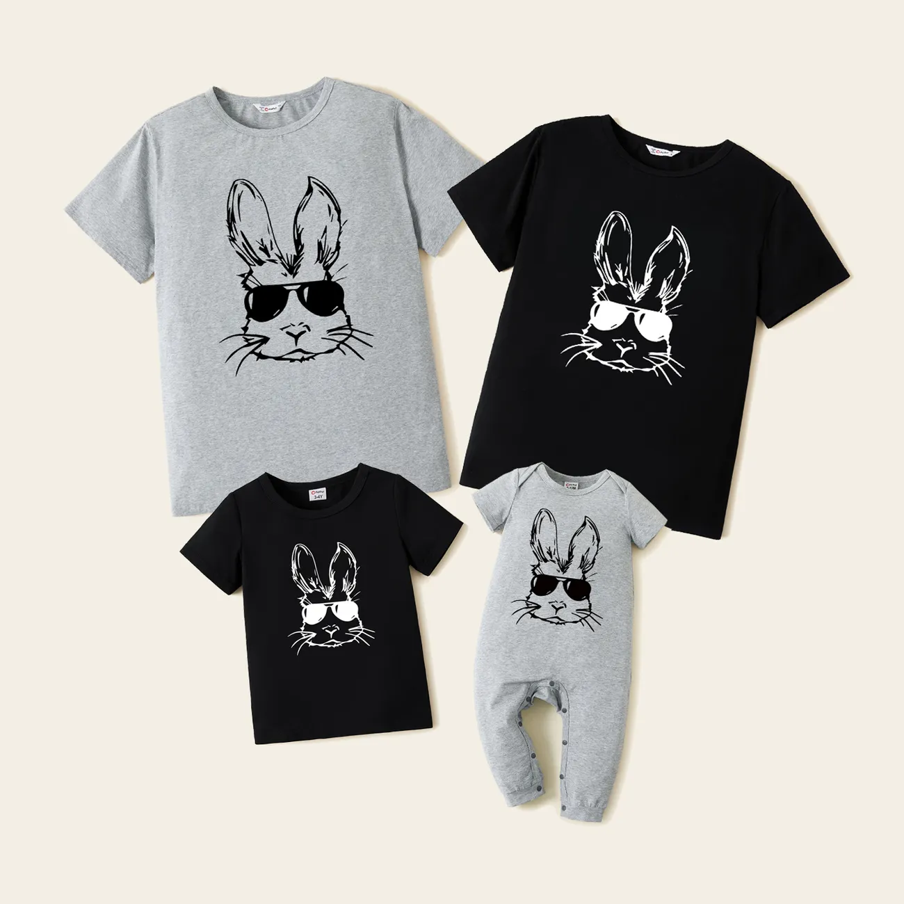 Easter Family Matching Bunny Wearing Sunglasses Graphic Black Tops  Multi-color big image 1