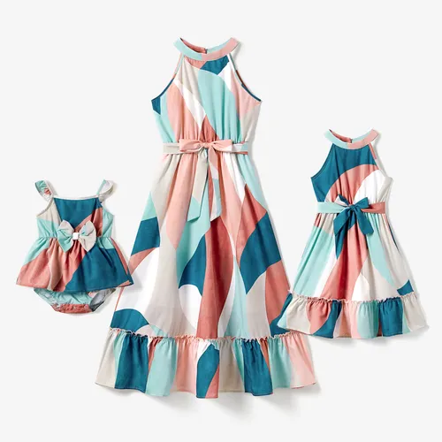 Mommy and Me Multi-Color High Neck Halter Ruffle Hem Belted Dress