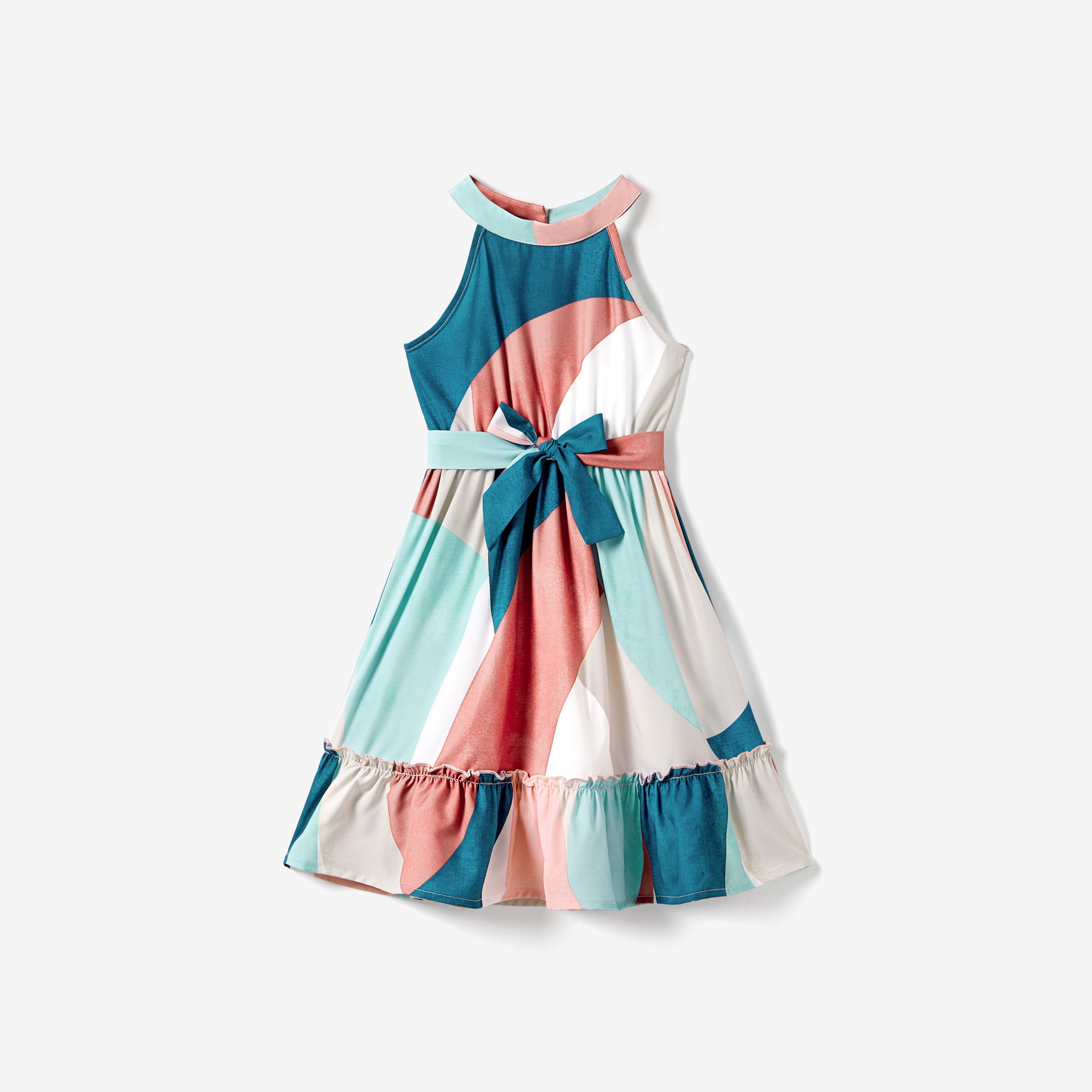 Mommy And Me Multi-Color High Neck Halter Ruffle Hem Belted Dress