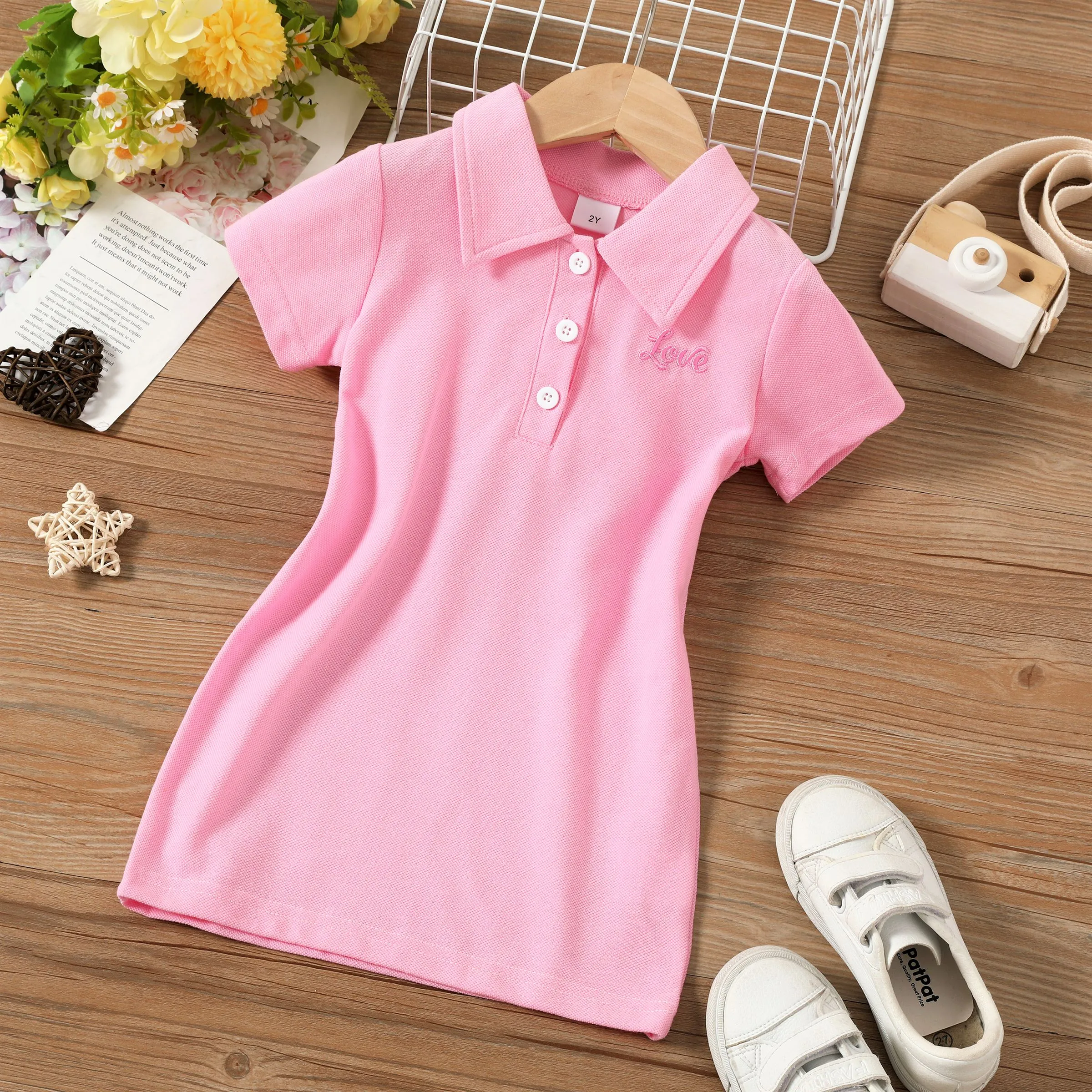 Toddler Girl's  Solid Color Short Sleeve Shirt Collar Dress