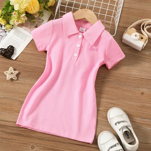 Kurzärmeliges Kleid für Mädchen, einfarbig, Hemdkragen, 1 Stück, Polyester-Spandex, Kleinkindkleider