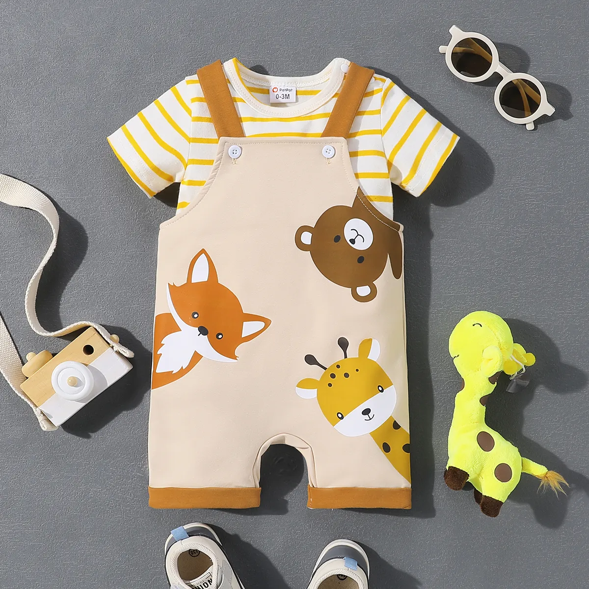 2pcs Baby Girl/Boy Animal Pattern 95%Cotton Short-sleeved Top and Overalls Set  Apricot big image 1