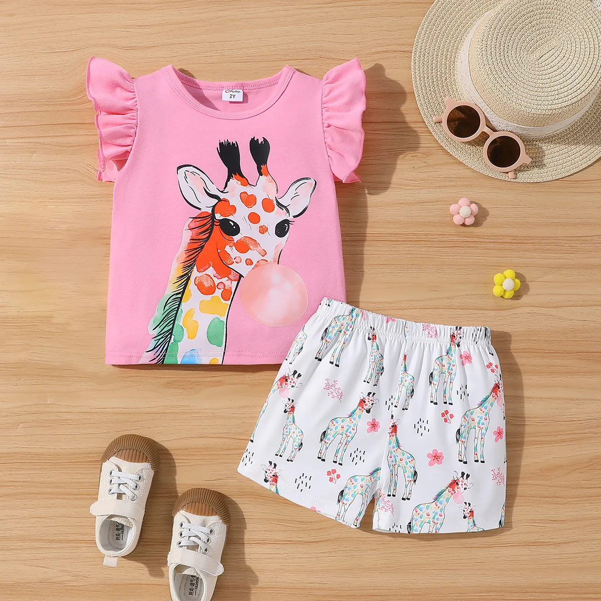 2 Stück Kleinkinder Mädchen Flatterärmel Kindlich Giraffe T-Shirt-Sets rosa big image 1