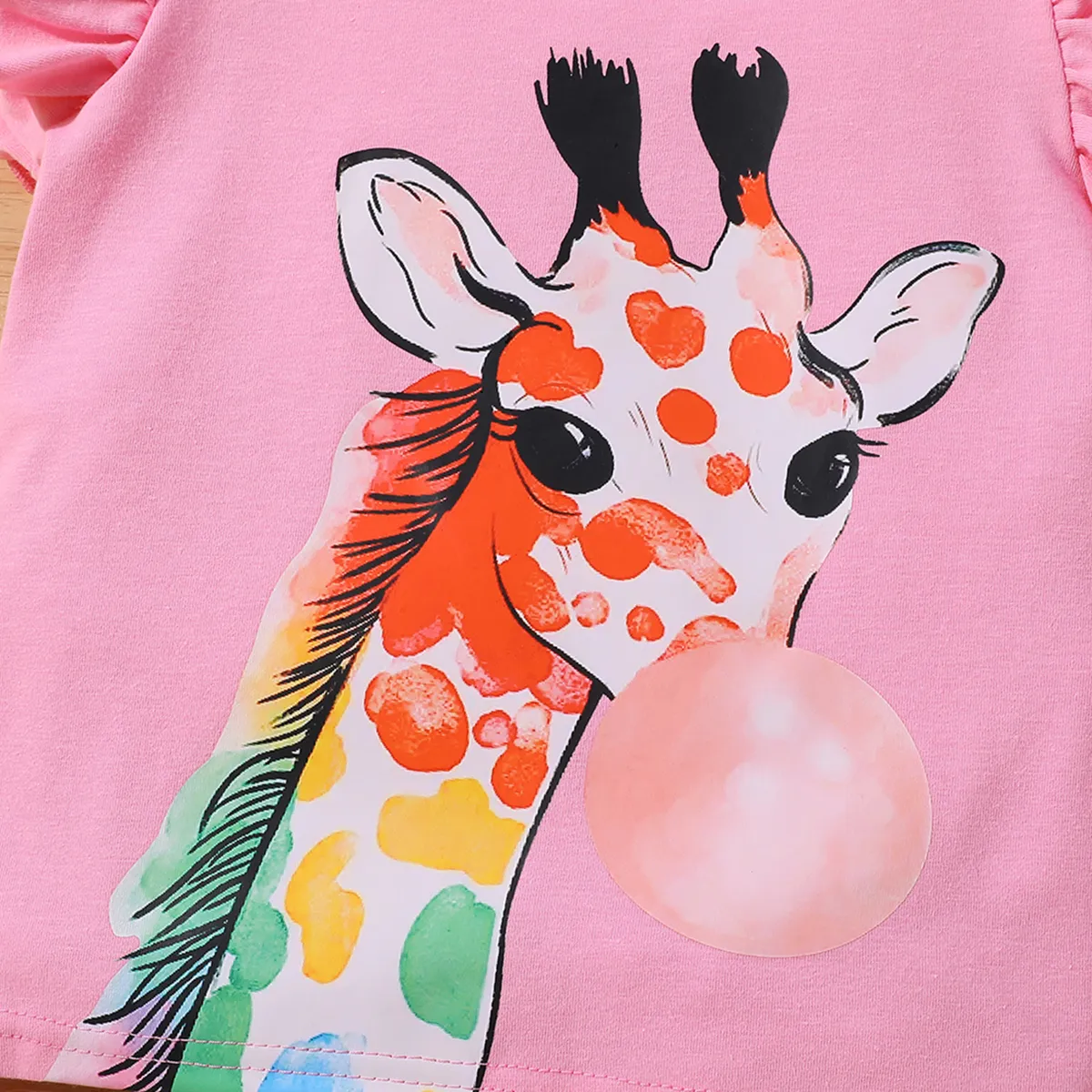 2 pièces Enfant en bas âge Fille Manches à volants Enfantin Girafe ensembles de t-shirts Rose big image 1
