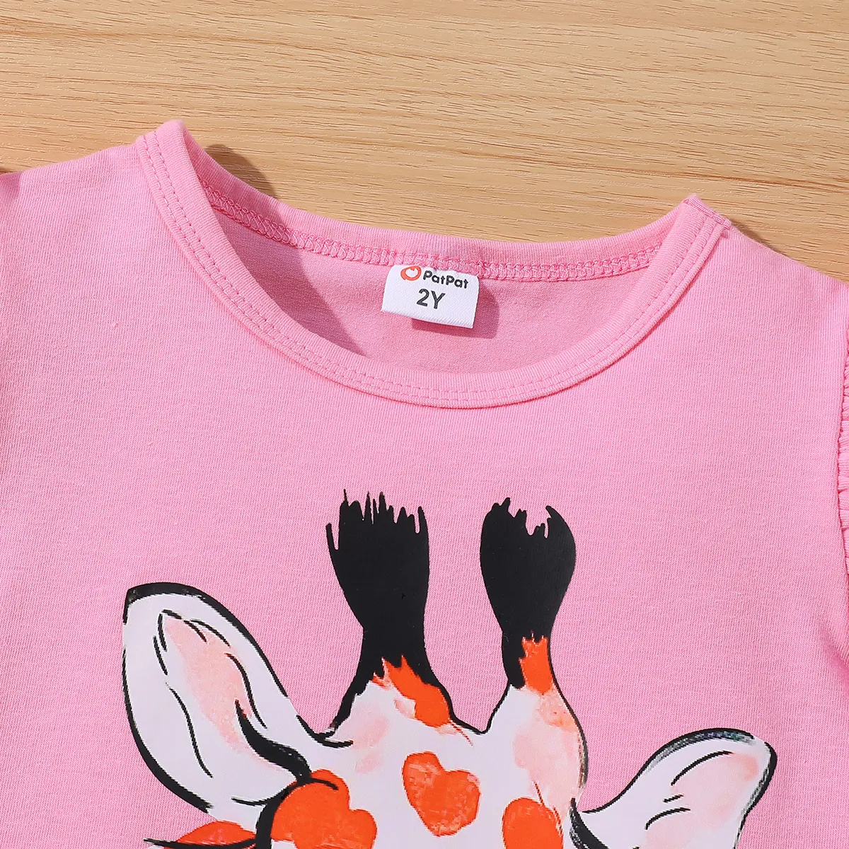  2pcs Toddler Girl Regular Giraffe Flutter Sleeve T-shirt and Shorts Set Pink big image 1