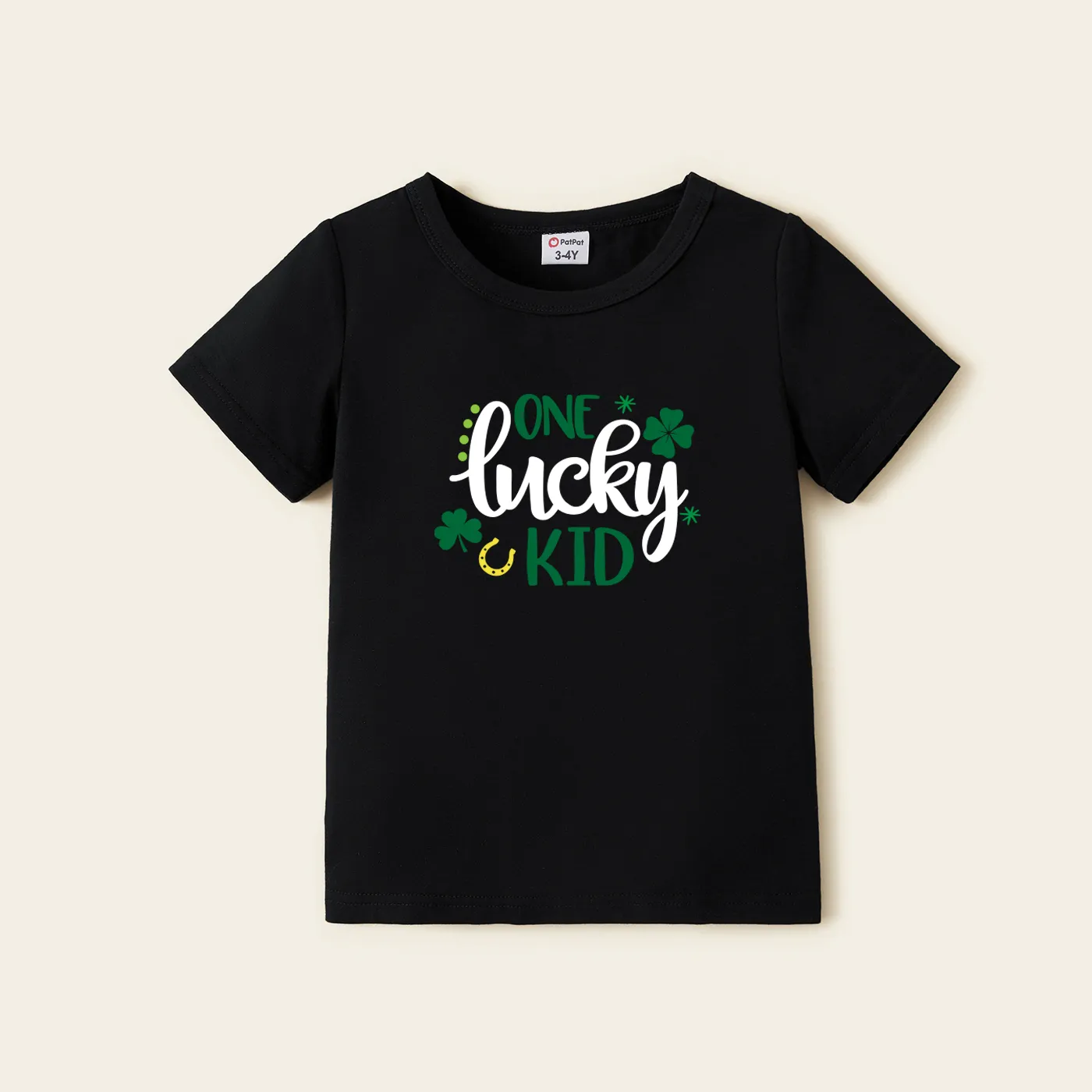

St. Patrick's Day Family Matching Lucky Letter Printed Four-Leaf Clover Graphic Black Tops