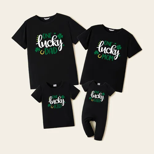 St. Patrick's Day Family Matching Lucky Letter Printed Four-Leaf Clover Graphic Black Tops