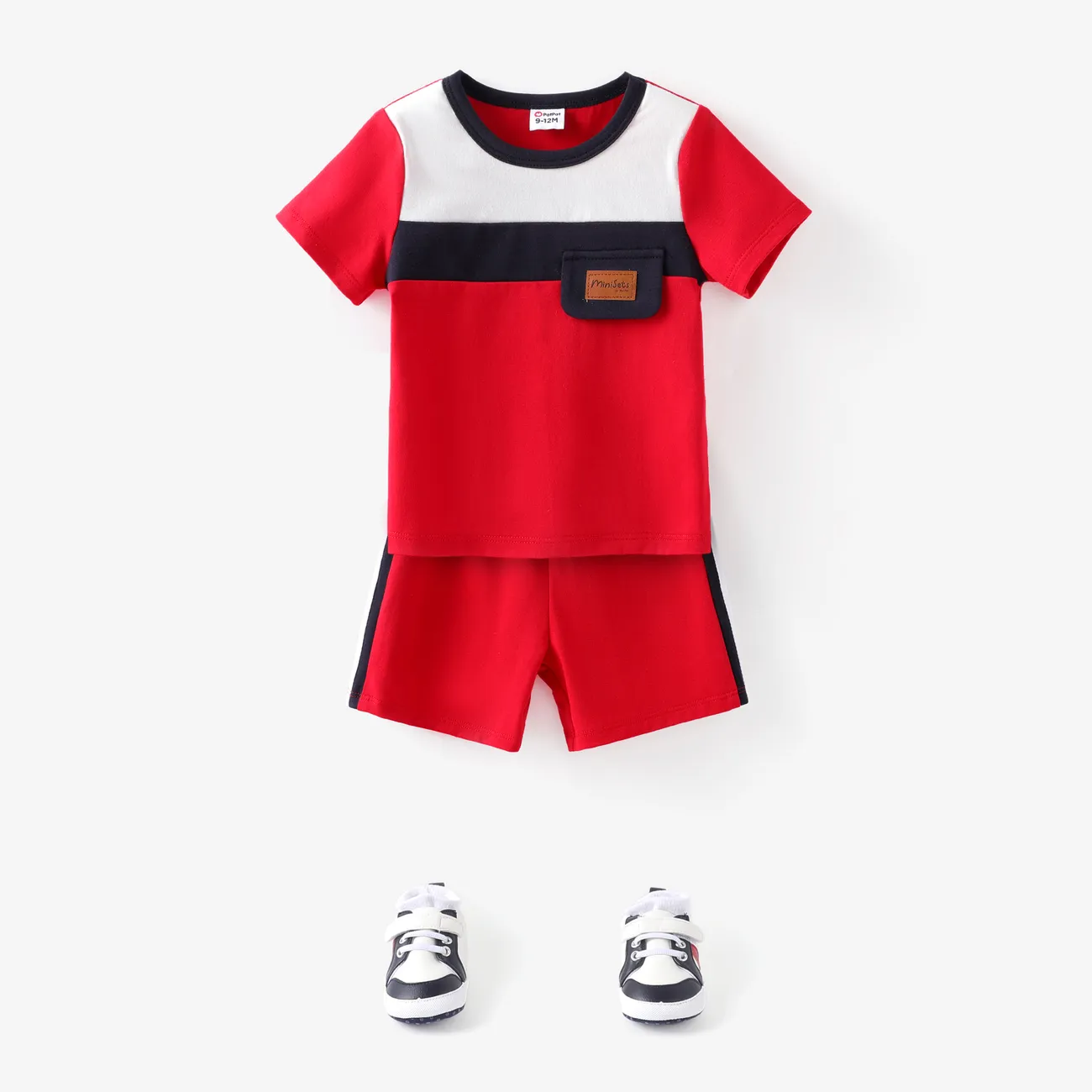 Baby Boy 2pcs Colorblock Tee and Shorts Set Red big image 1