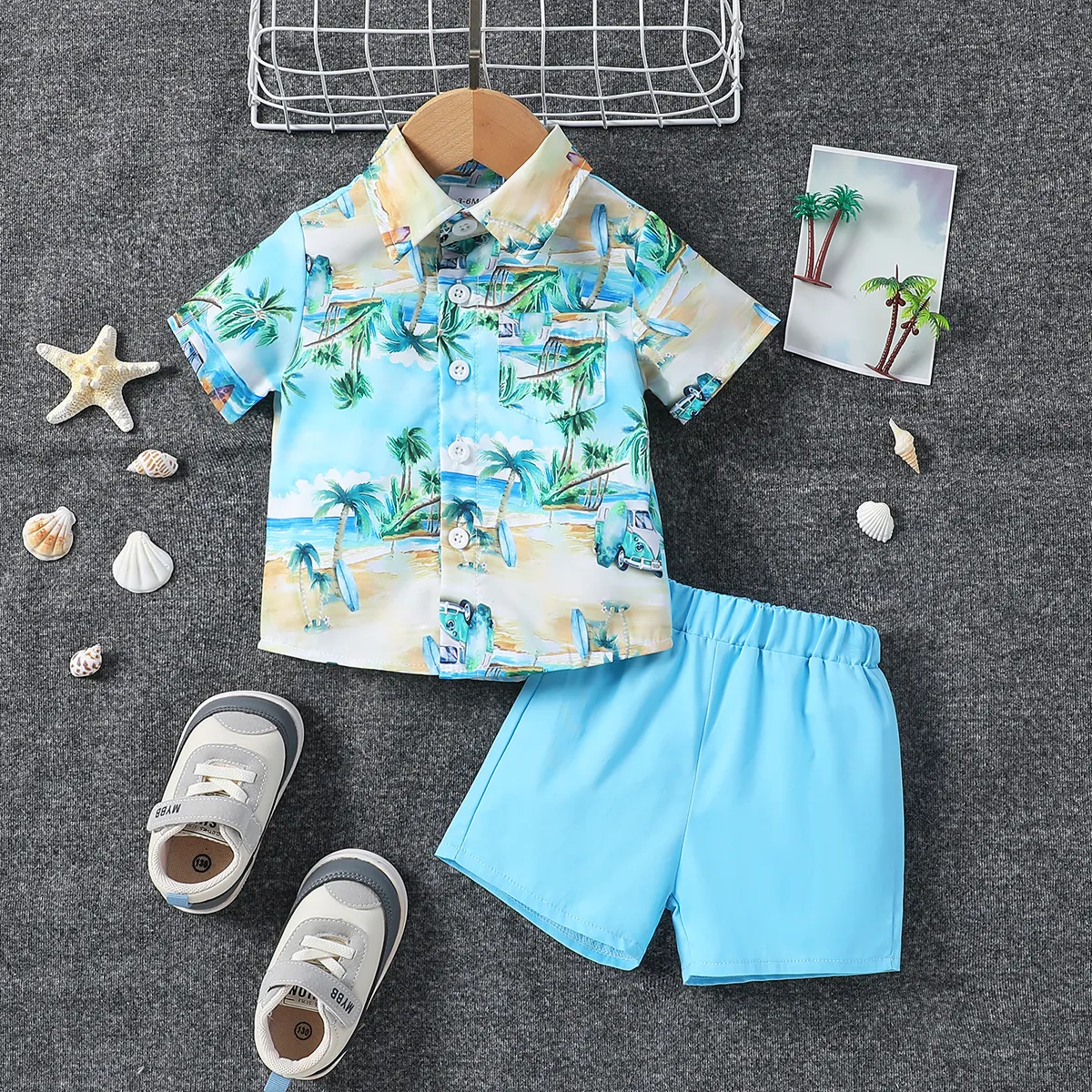 2pcs Baby Boy's Tropical Plants and Floral Casual Lapel Top and Shorts Set  LightBlueGreen big image 1