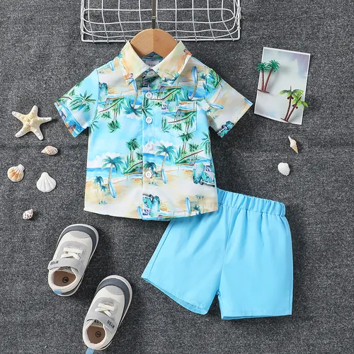 2pcs Baby Boy's Tropical Plants and Floral Casual Lapel Top and Shorts Set 