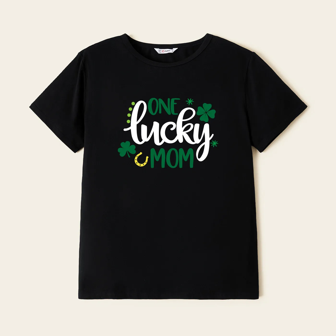 

St. Patrick's Day Family Matching Lucky Letter Printed Four-Leaf Clover Graphic Black Tops