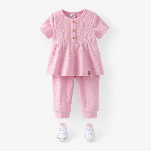 Bebê menina 2pcs tecido texturizado camiseta de couro e conjunto de calças