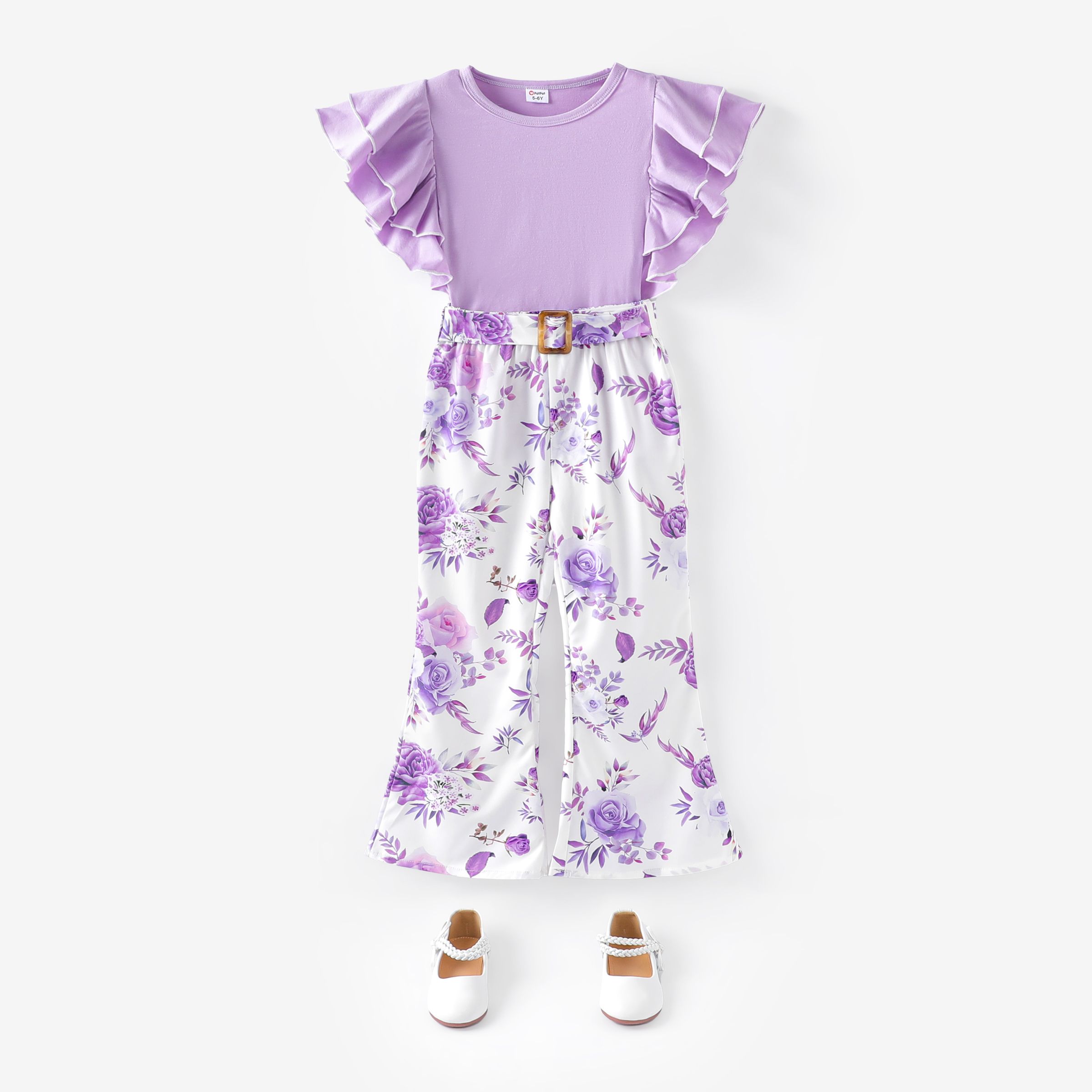 

Kid Girl 3pcs Flutter Sleeve Top and Floral Pattern Flared Pants with Belt Set/ Mary Jane Shoes