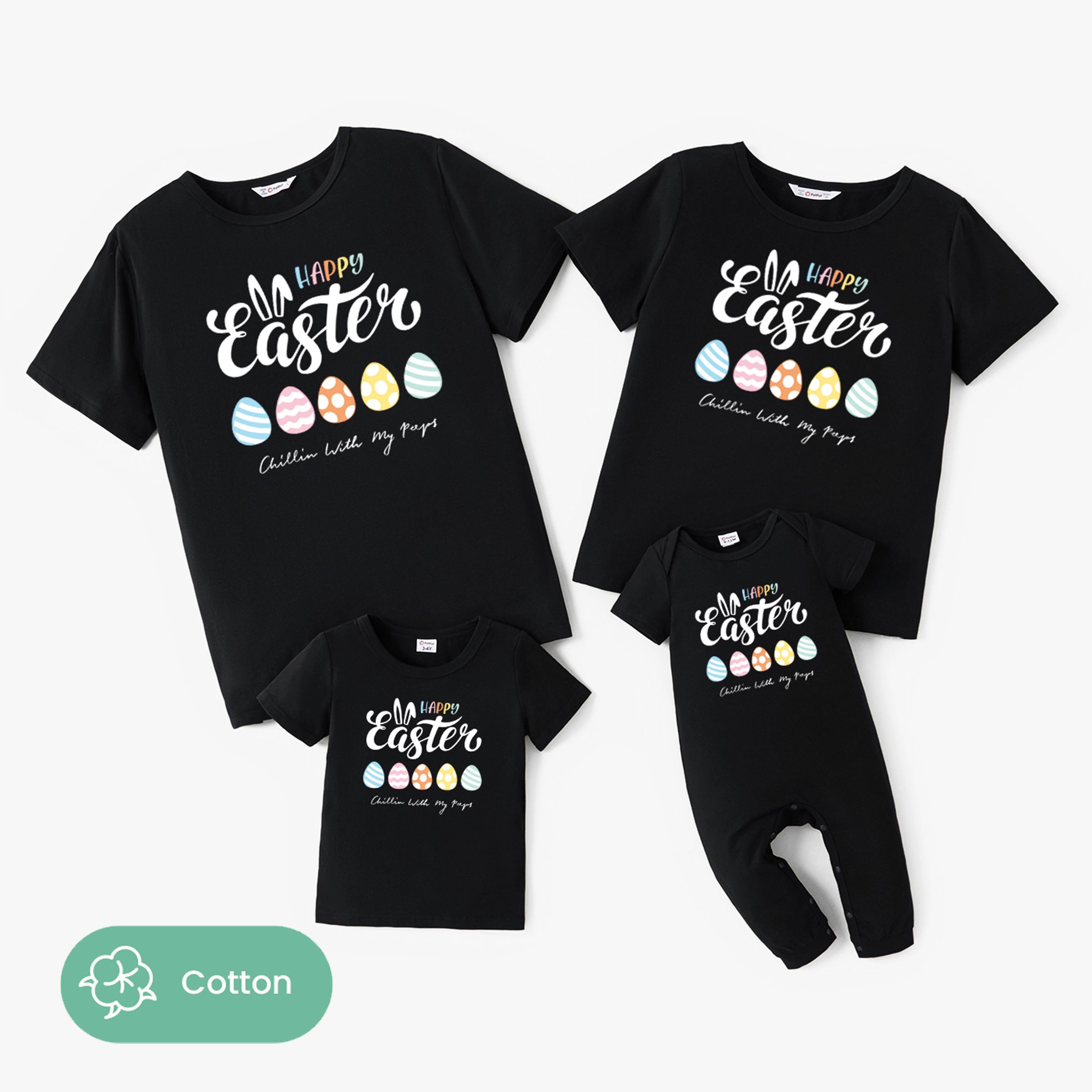 

Family Matching Easter Egg and Easter Bunny Ear Pattern Cotton Black Tops