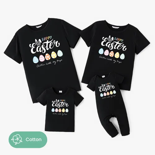 Family Matching Easter Egg and Easter Bunny Ear Pattern Cotton Black Tops