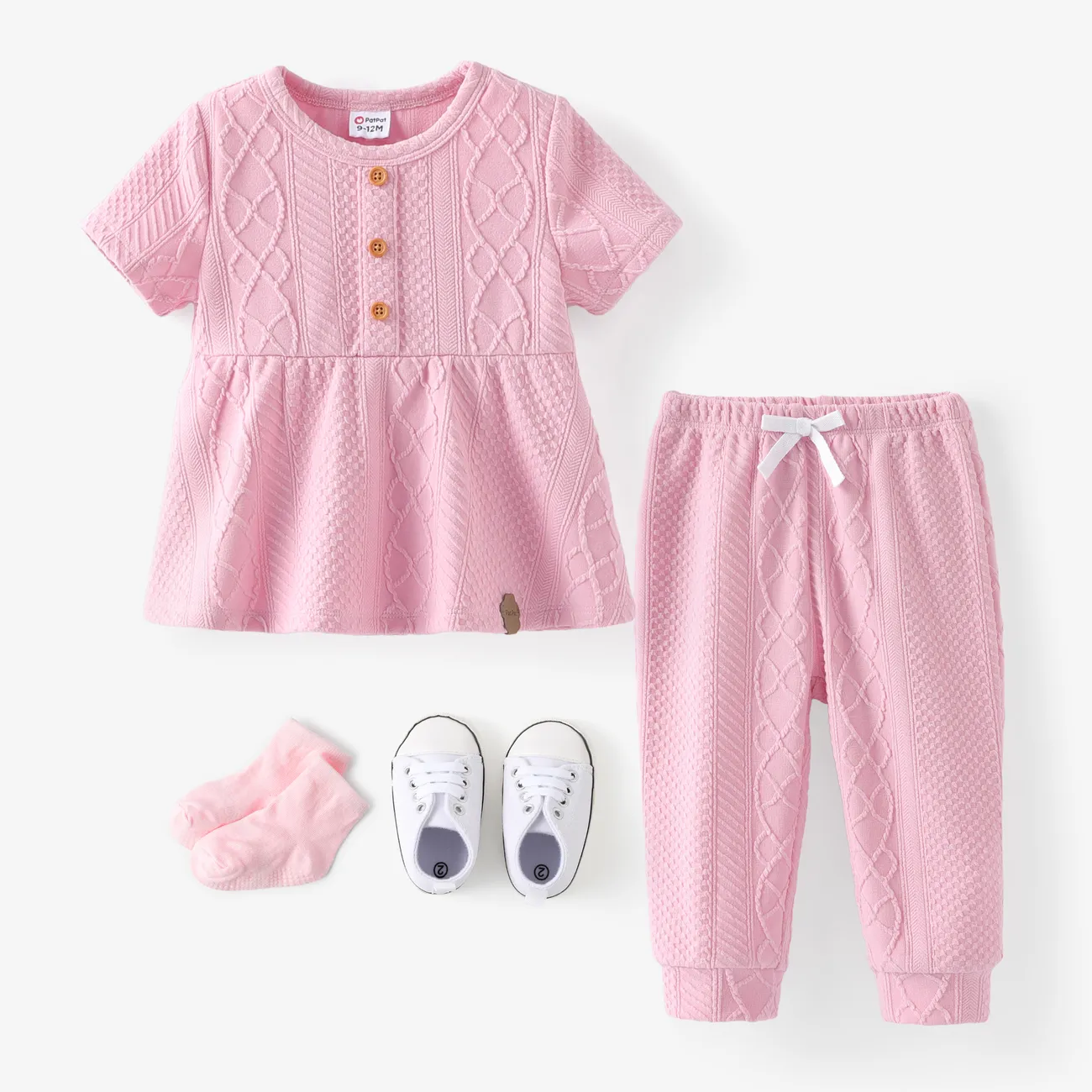 Baby Girl 2pcs Textured Fabric Leather Label Tee and Pants Set Pink big image 1
