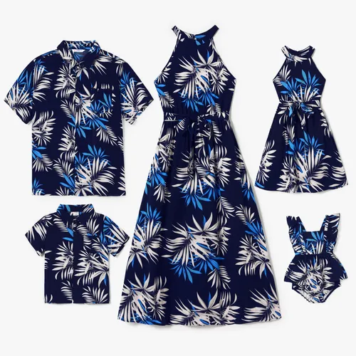 Family Matching Leaf Print Beach Shirt and High Neck Halter A-Line Maxi Dress Sets