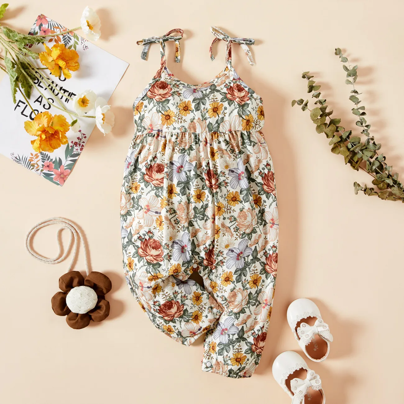 Baby Girl Sleeveless Spaghetti Strap Floral Print Jumpsuit Beige big image 1
