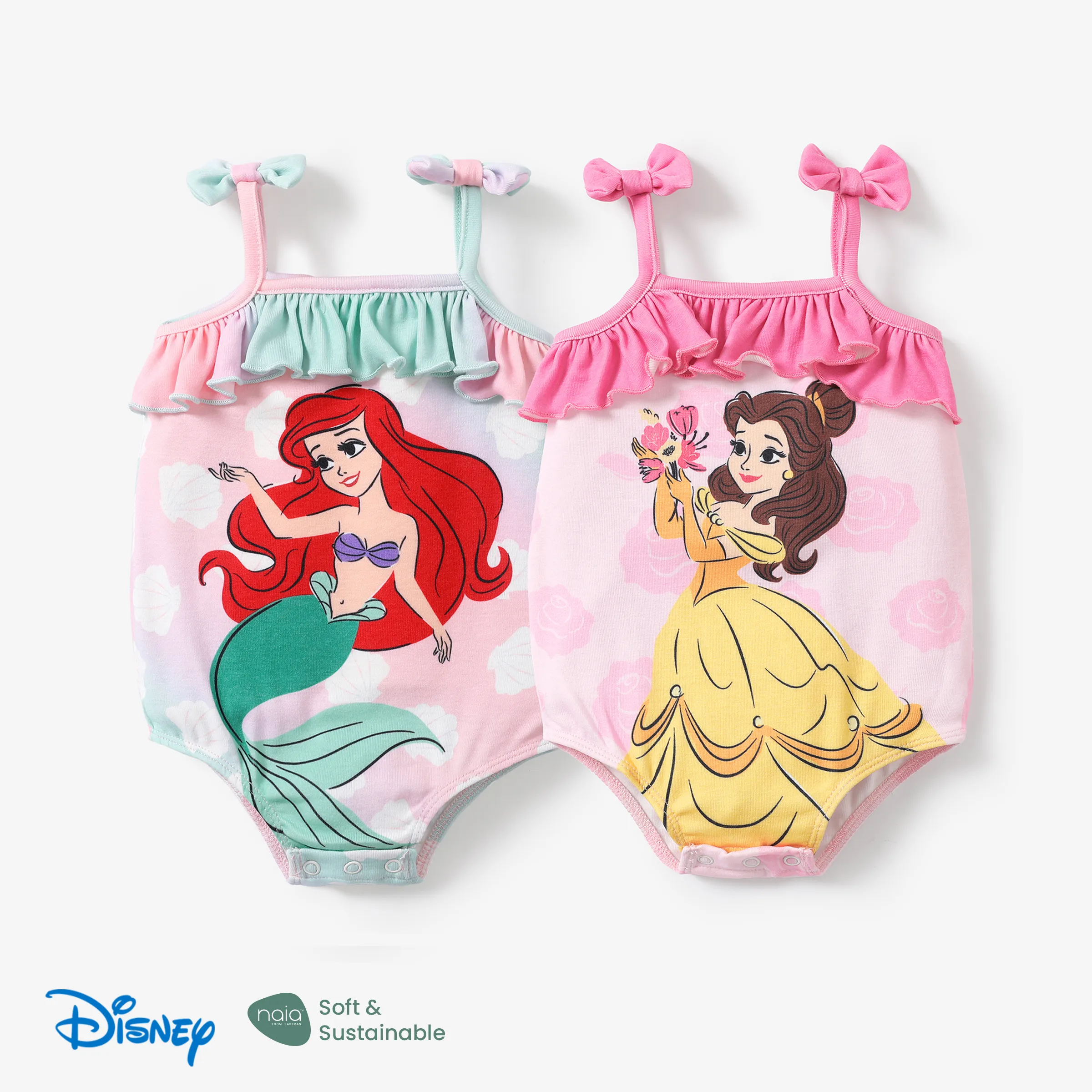

Disney Princess Ariel/Belle 1pc Baby Girls Naia™ Character Bowknot Button Up Romper