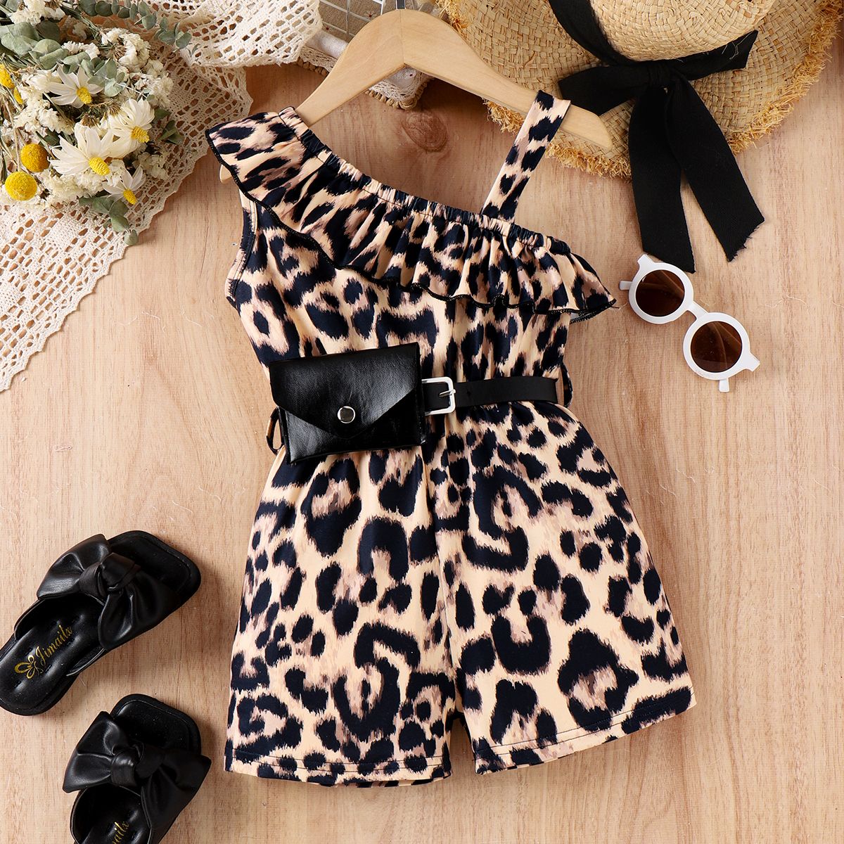 2pcs Toddler Girl Leopard Belted Jumpsuit Set with Ruffle Edge