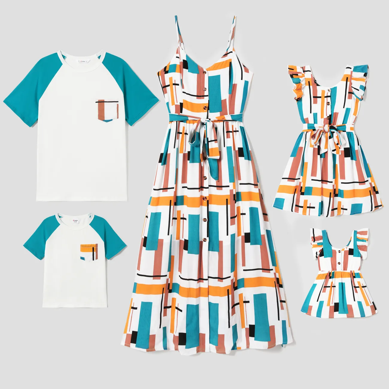 Family Matching Raglan Sleeves Tee and Geometric Pattern Button Strap Dress Sets Multi-color big image 1
