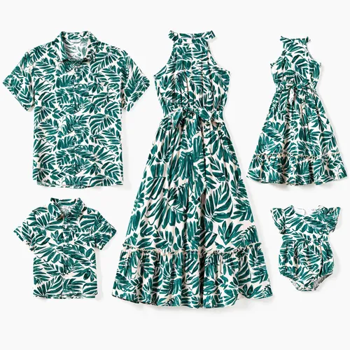 Chemise de plage à imprimé feuille assortie pour la famille et ensemble de robe maxi à col rond à col haut