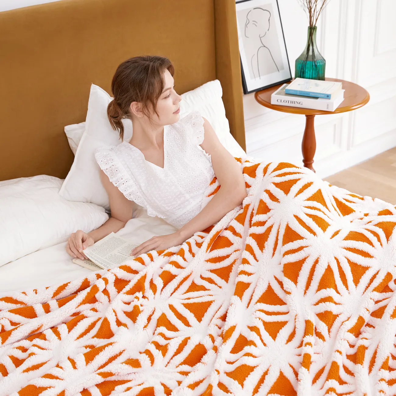 PatPat 3D Floral Coral Fleece Sherpa Blanket Orange color big image 1