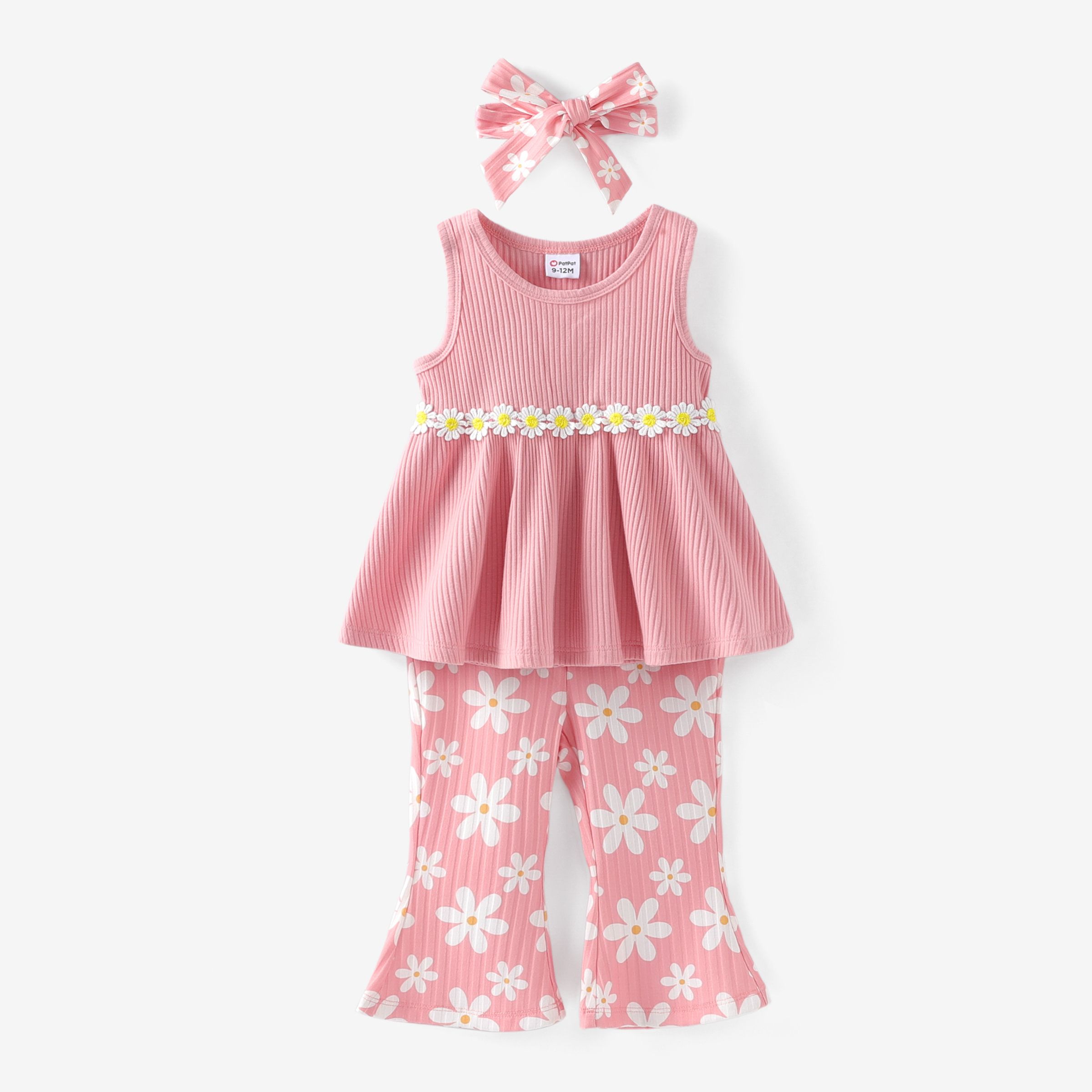 Baby Girl 3pcs Sweet Little Daisy 3D Top and Floral Print Flared Pants with Headband Set