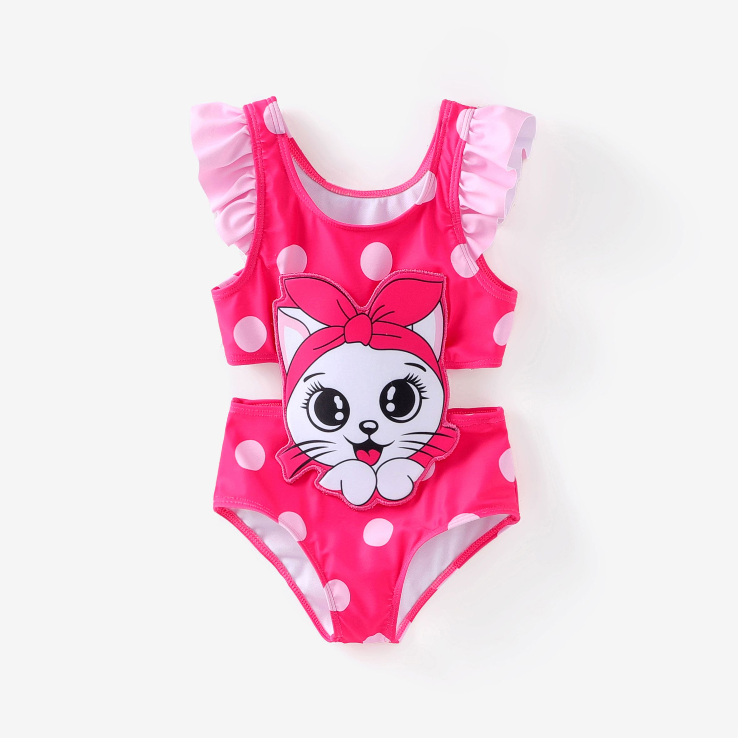Toddler Girl Cat/Flamingo Applique Polka Dots Print Ruffled One-Piece Swimsuit