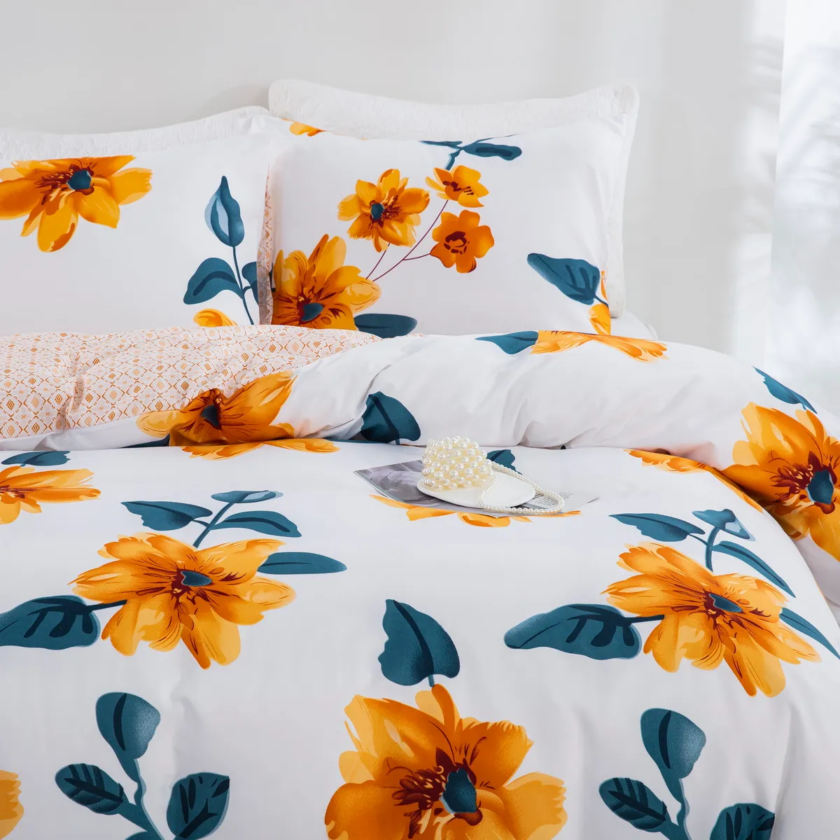 2/3 piezas de ropa de cama de diseño de margarita jacquard suave y cómoda, incluye funda nórdica y fundas de almohada multicolor big image 1